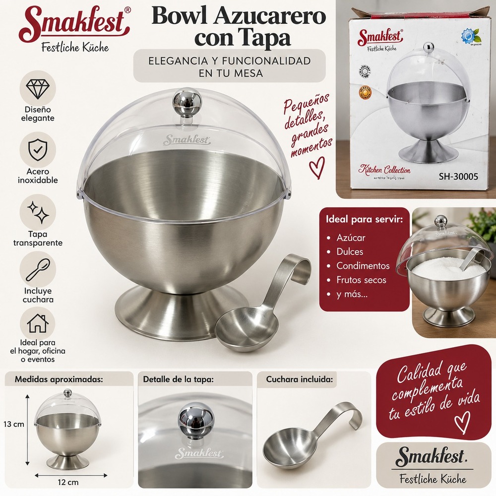 Bowl Azucarero Smakfest de Acero Inoxidable con Tapa y Cuchara – Nuevo
